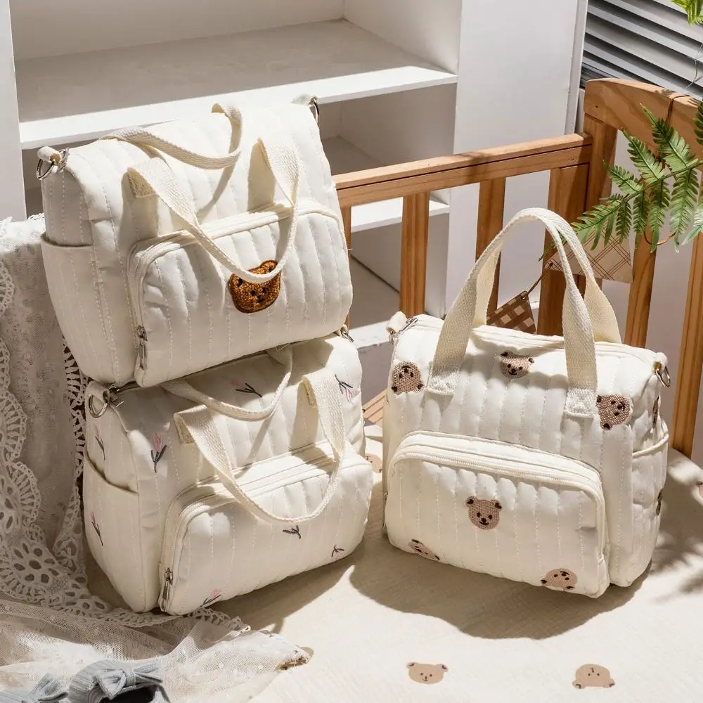 

Korean Style Mummy Bag Embroidery Bear Baby Diaper Organizer Large Capacity Lightweight Quilted Embroidered Shoulder Bag