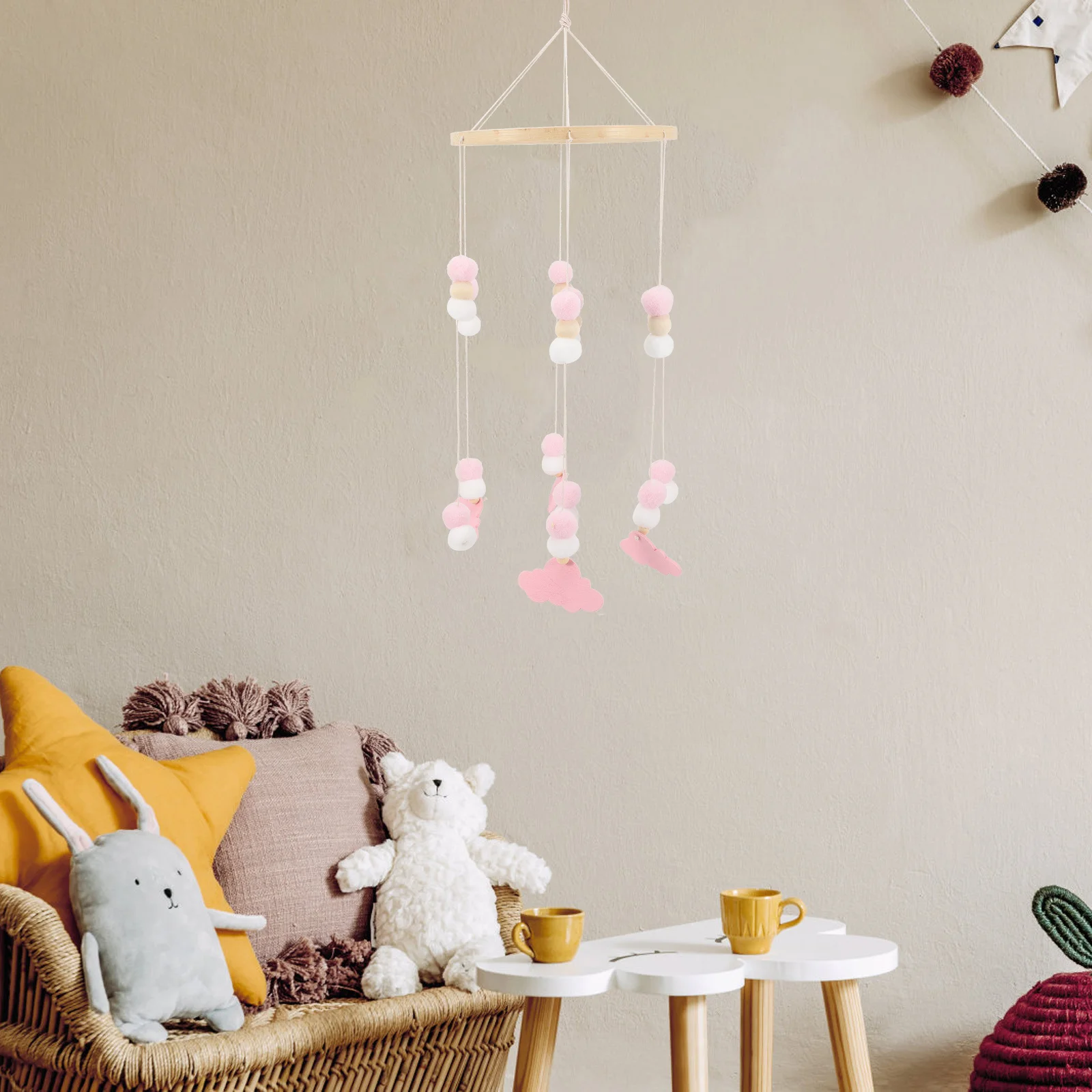Baby Mobile Windspiel Krippe Anhänger Blau Silber Holz Filzkugeln Kinderzimmer Hängende Dekoration Säuglingsbett Glocke
