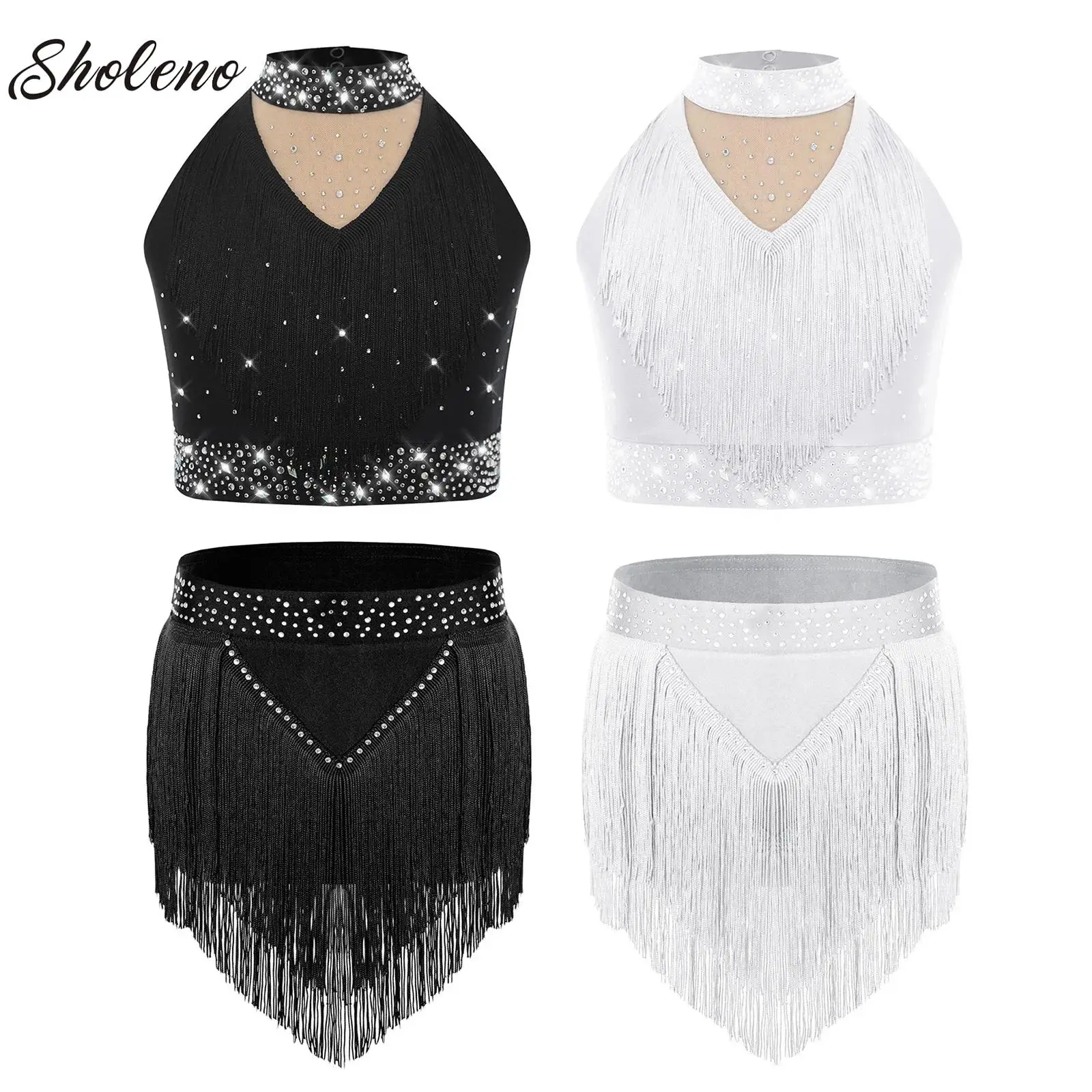 

Fringe Latin Dance Set Clothes Girl Sleeveless Rhinestones Dance Vest+Tassels Skirt ChaCha Samba Performance Competition Costume