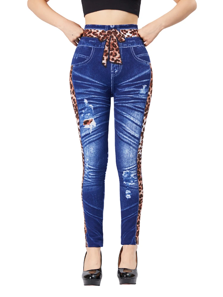 CUHAKCI High Waist Fake Leopard Bow Print Blue Jeggings Stretch Slim Fit Pencil Pant Faux Denim Sexy Women Workout Yoga Legging