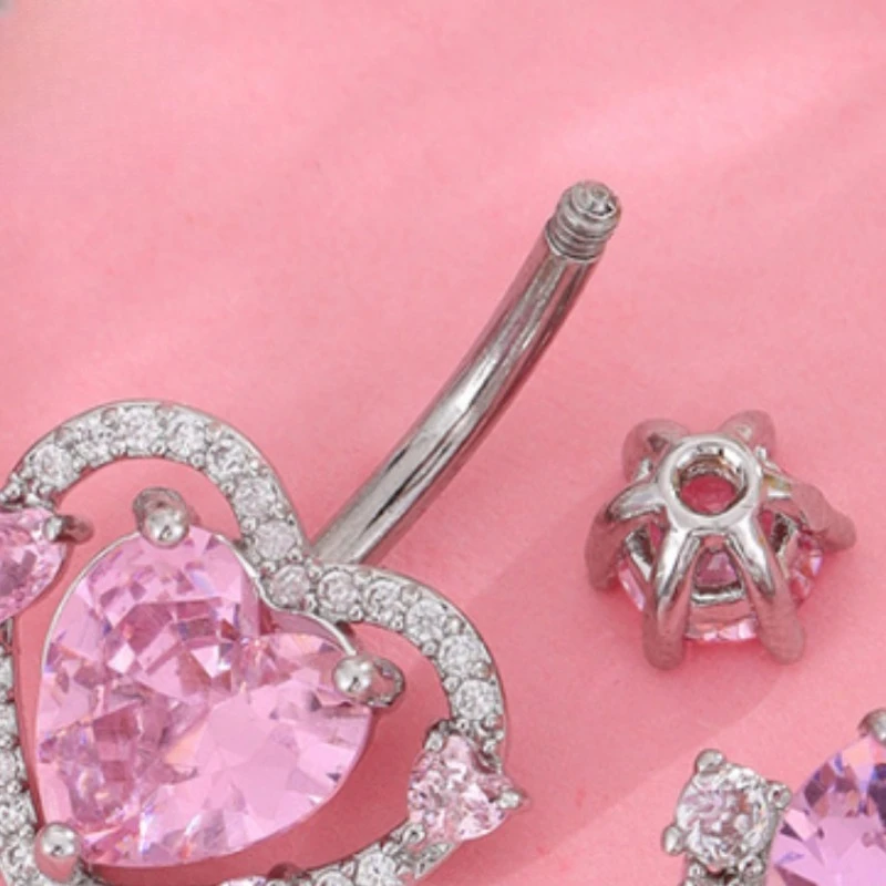 Ins Niche Exquisite Luxury Halo Pave Heart Belly Ring Titanium Internal Thread Hypoallergenic Pink White Navel Piercing Jewelry