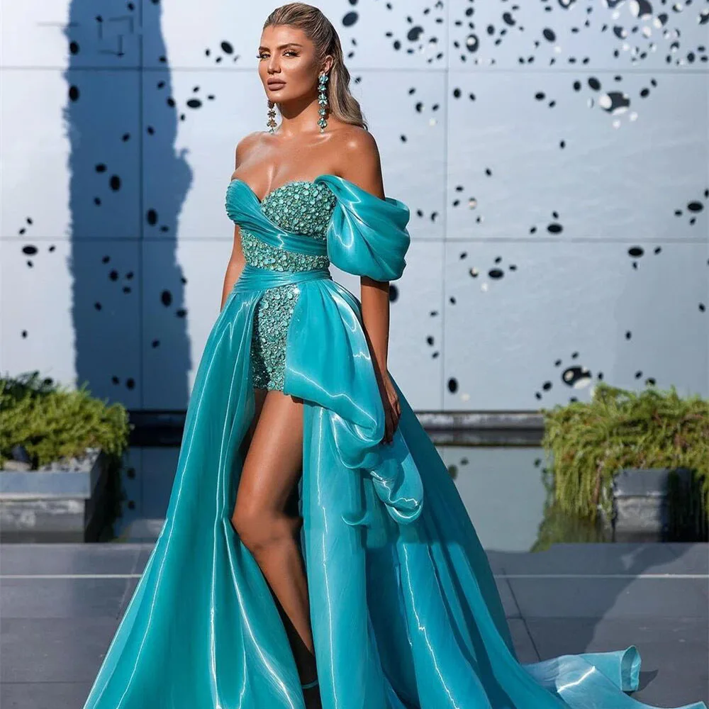 Ocean Blue Evening Dresses Pleated Off Shoulder Beadings Side Slit Ruched Prom Dress Africa Arabia Celebrity Party GownsCL-390