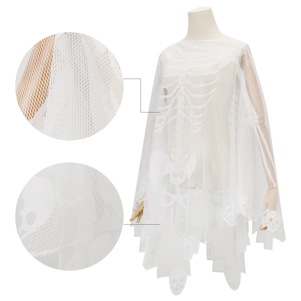 1 Stuks Witte Schedel Zwarte Vleermuis Spiderweb Poncho Eng Skelet Tippet Mantel Ghost Halloween Cosplay Accessoires Maat 145X145Cm