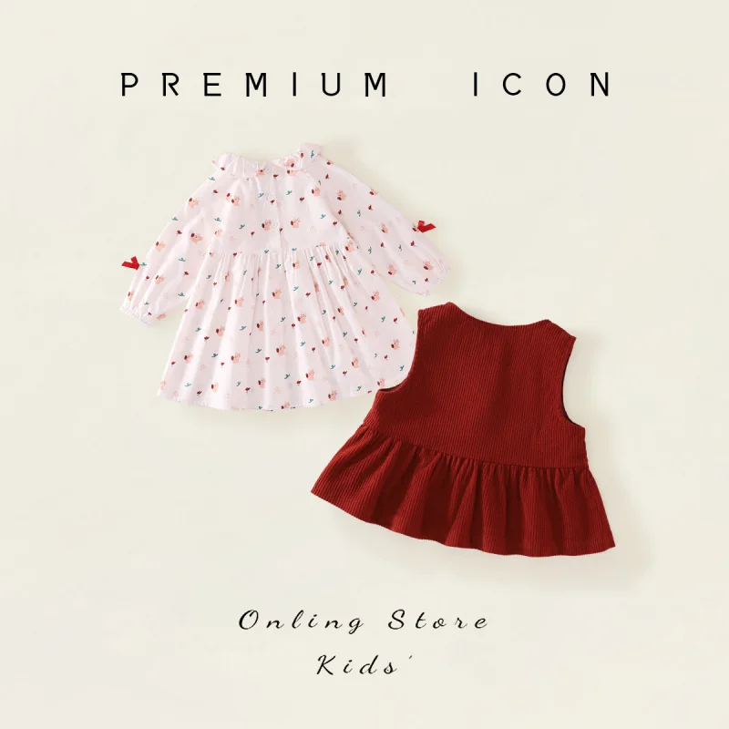 

Girls Corduroy Sleeveless Vest Suit2025Spring new children's sweet style printed dress two-piece set