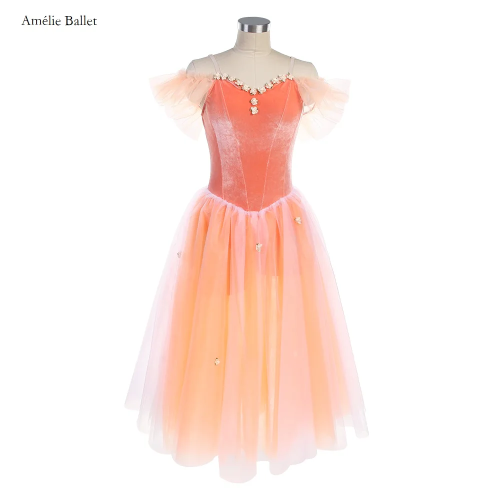 オフショルダーピンクベルベットボディスロマンチックチュチュフラワー装飾付きガールズ＆ウィメンズダンスコスチュームダンスドレス15色