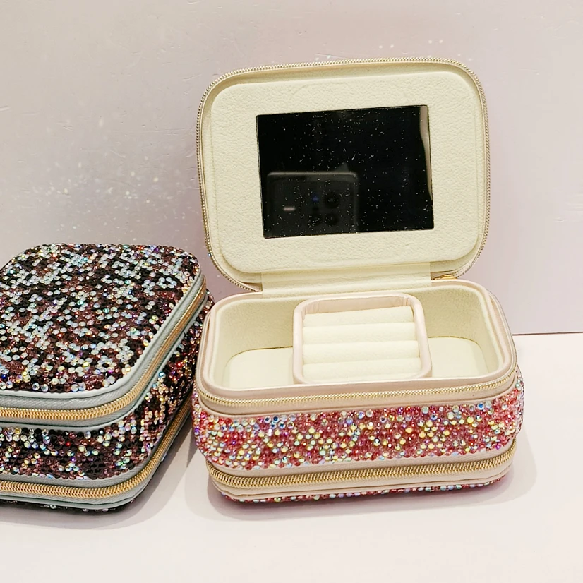 Zip Rhinestones Jewelry Storage Box Dustproof With Mirror Portable Necklace Earrings Ring Jewellery Lipstick Diamond Organizer