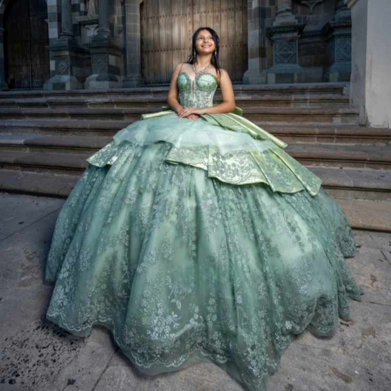 

Green Shiny Ball Gown Quinceanera Dresses Sequin Applique Lace Beading Crystal Bow Tull Corset Off Shoulder Sweet 16 Dress