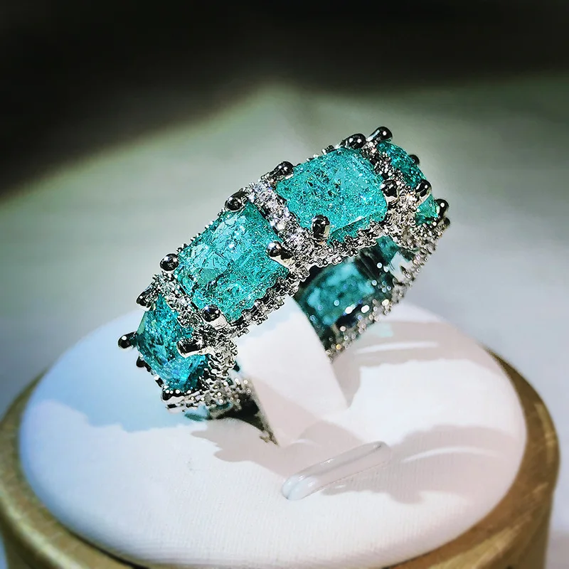 High-end jewelry heavy industry inlaid aquamarine topaz ring ladies 925 silver Paraiba ring party birthday gift