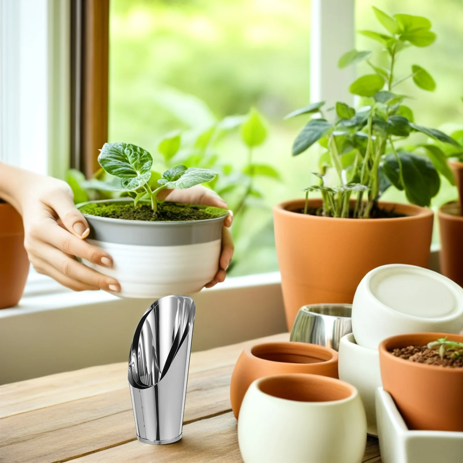 Cuchara de suelo de Metal de acero inoxidable para plantas de interior, cubo Manual para jardín, taza para bonsái, herramienta para horticultura, color plateado, 3 uds.