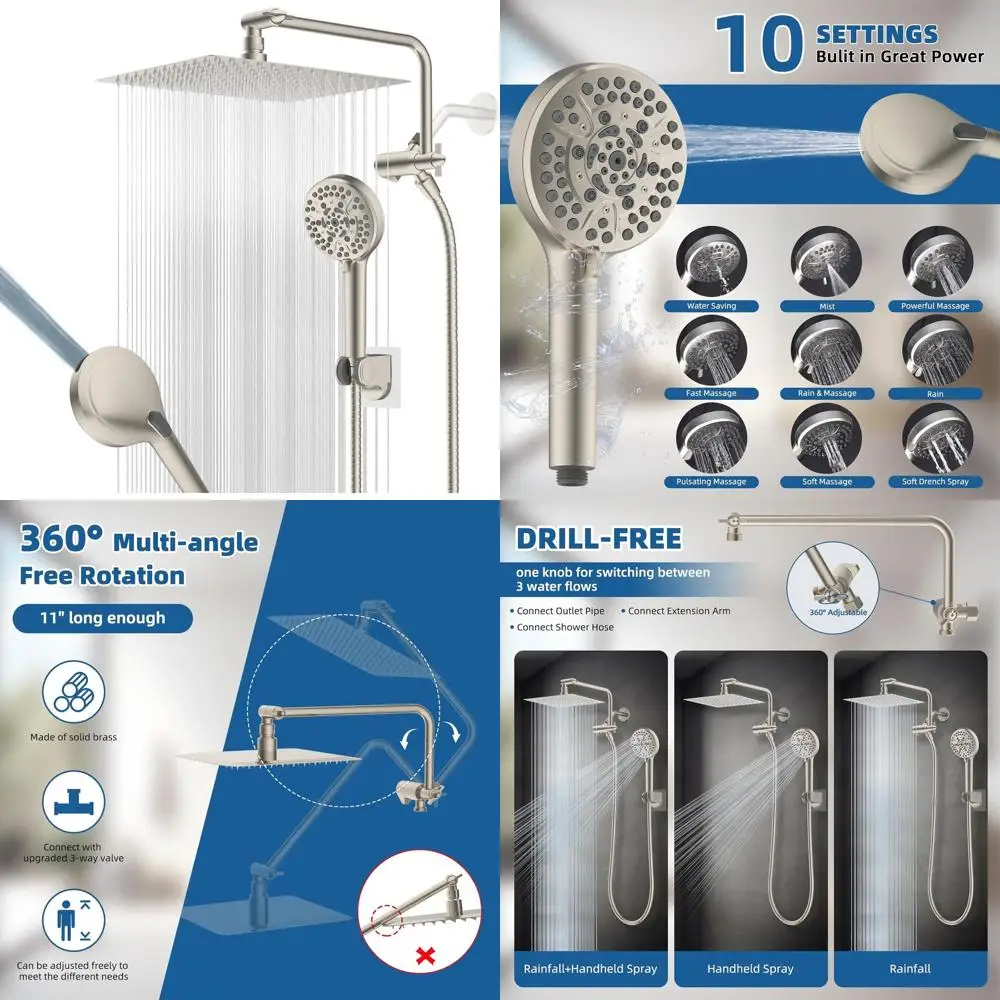 

10-Spray High-Pressure Metal Shower Head with 12 Rainfall, Adjustable 11 Extension Arm, 71 Hose, Holder in Brushed Nickel