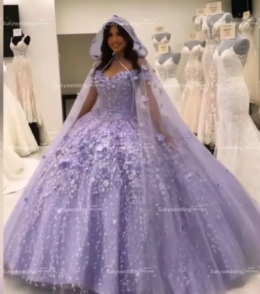 3D Flowers Princess Quinceanera Dresses With Detached Cape Off Shoulder Sequins Sweet 15 Birthday Ball Gowns Mexico Customized