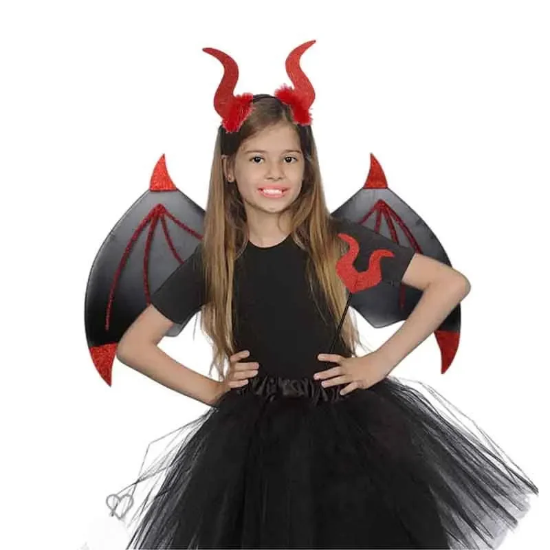 Children Boy Girl  Halloween Devil Wings with Tail Horn Headband and Fork Devil Costume Set  Party Cosplay Fancy Dress Red Black