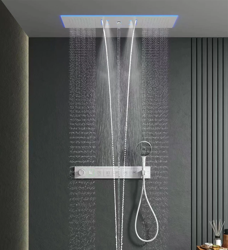 Lusa Modern Bathroom Rainfall Waterfall Digital Temperature LED Display Concealed Wall Mounted Shower Head System Set