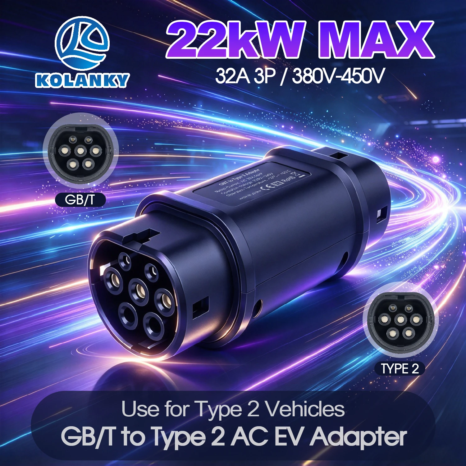 Kolanky GB/T to Type 2 EV Adapter 22KW 32A  380~450v 3 Phase GBT to IEC 62196-2 Converter for EVSE Charging Without Cable