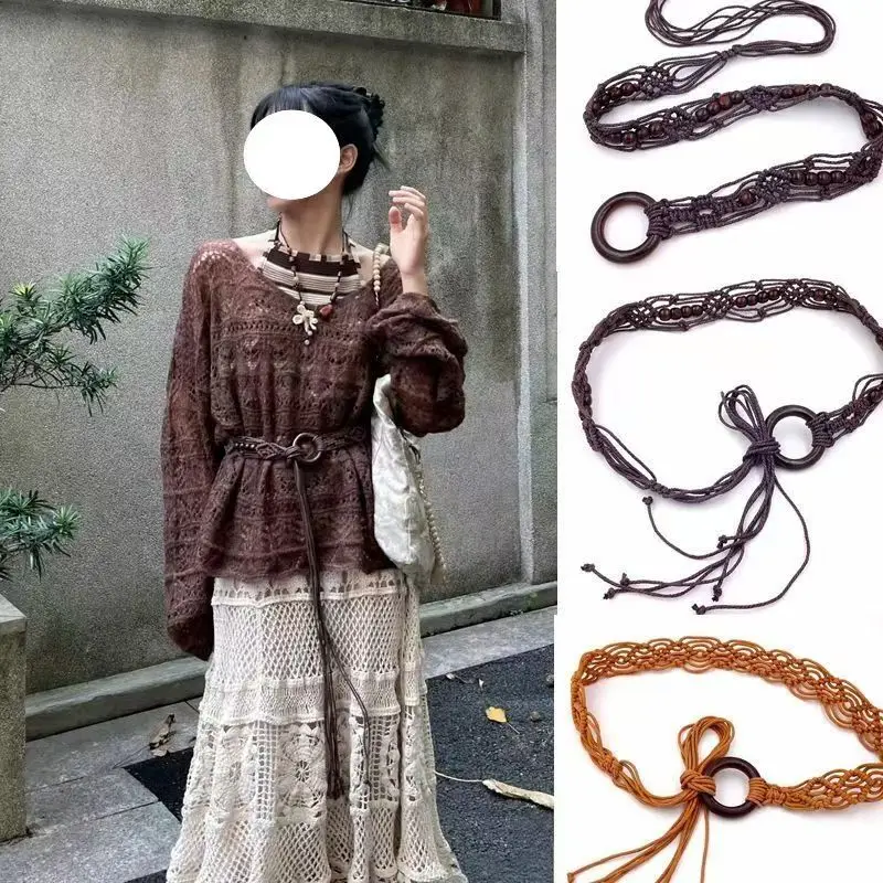 Bohemian-style waxed rope braided knot ethnic handmade wooden bead women's belt, exquisite waist rope