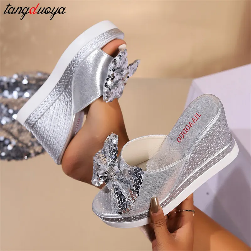 High wedge slippers women 2024 new Shiny Sequin butterfly knot sandals women summer fashion Slope heel open toe Slippers size 4