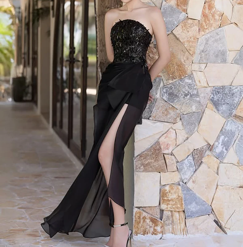 

Sexy Black Evening Dresses Strapless Sequins with Chiffon Side Split Party Dresses