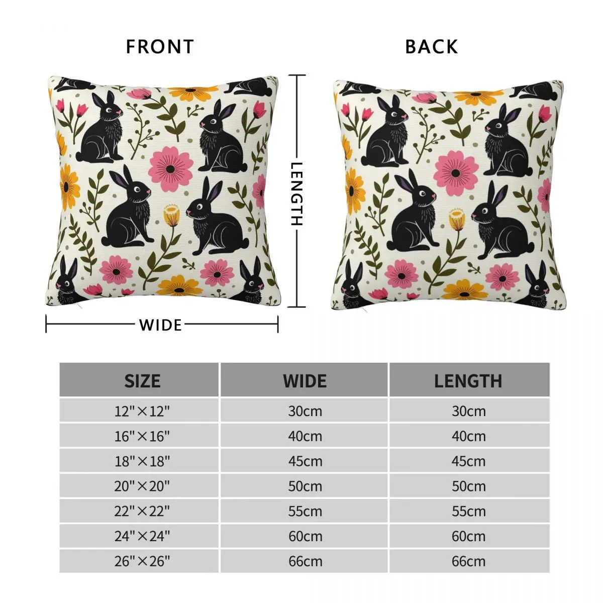 Floral Elements Black Rabbits Square Pillowcase Polyester Linen Velvet Creative Zip Decor Sofa Seater Cushion Cover