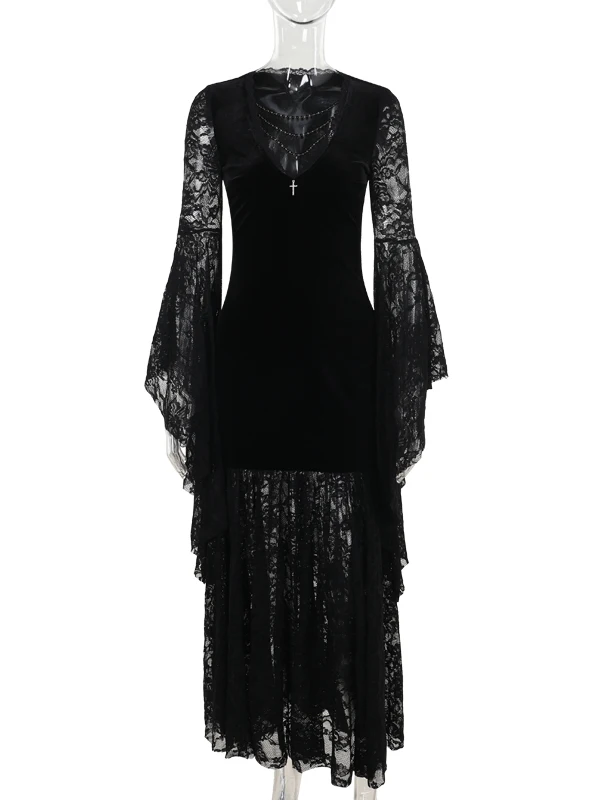 Gotycki, aksamitny, długi kostium na Halloween dla kobiet, strój czarownicy, koronkowa spódnica, dzwonkowe rękawy, dekolt w serek, mieszanka poliestru i spandexu.