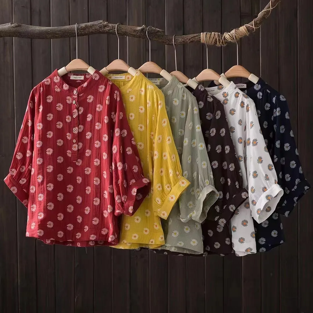 

Cotton Yarn Shirts Large Size Tops Women Pastoral Style Half Sleeve Red Printed Shirts and Blouses Middle Aged Women Clothing