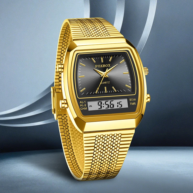 

FOXBOX Fashion Luxury Stainless Steel Casual Man Watch Dual Time Display Digital Waterproof Light Quartz Electronic Watches Male