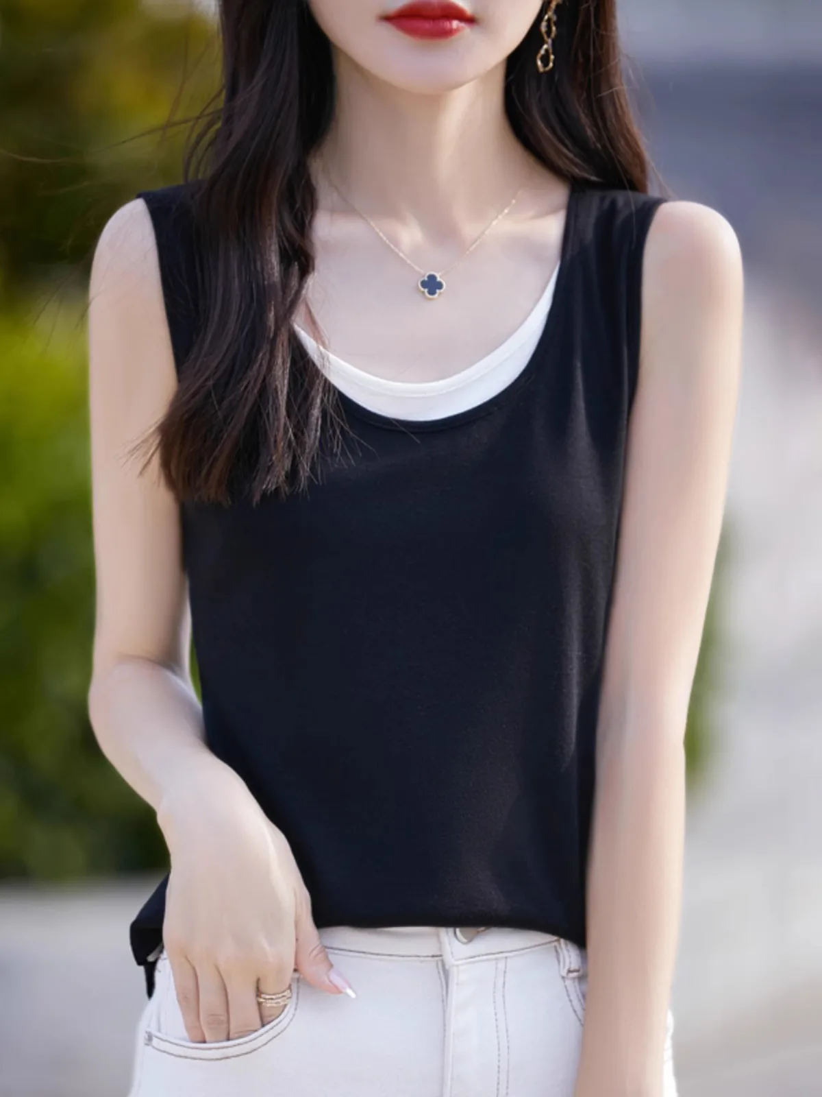 Diseño Sensation, Top informal holgado de verano para mujer, chaleco tejido de seda con tirantes, prendas de vestir exteriores de Color contrastante, dos piezas falsas