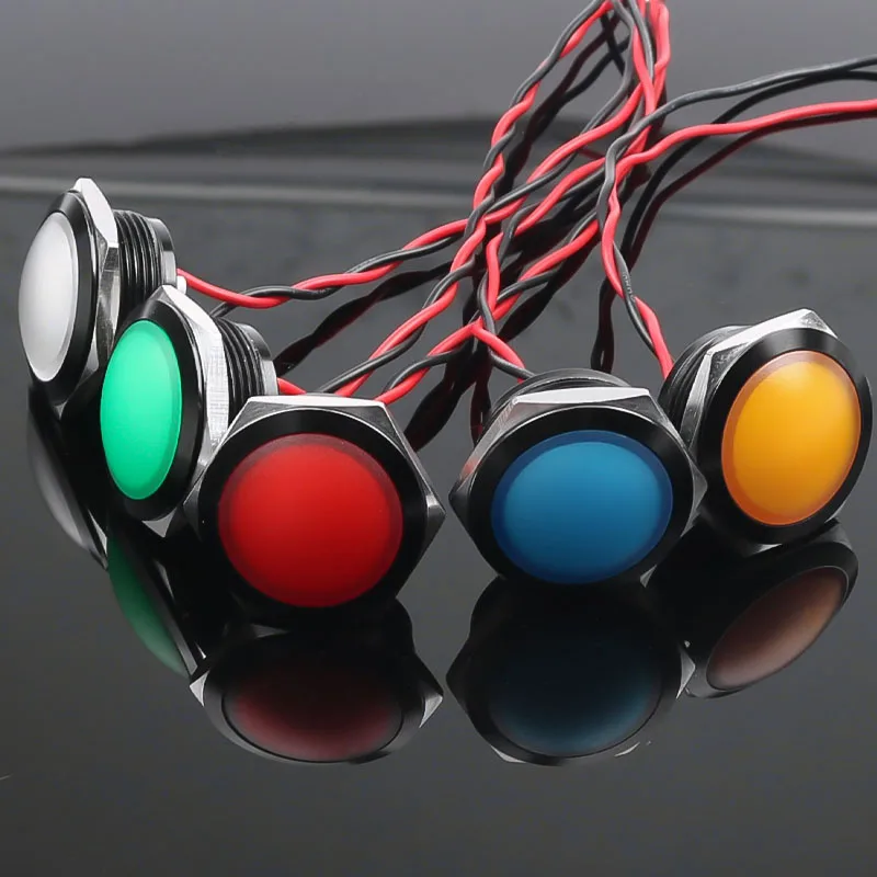 12/16/19/22MM Ball Head Metal Indicator Light Oxidized Black Warning LED Pilot Signal Lamp with Wire Red Yellow Blue Green White