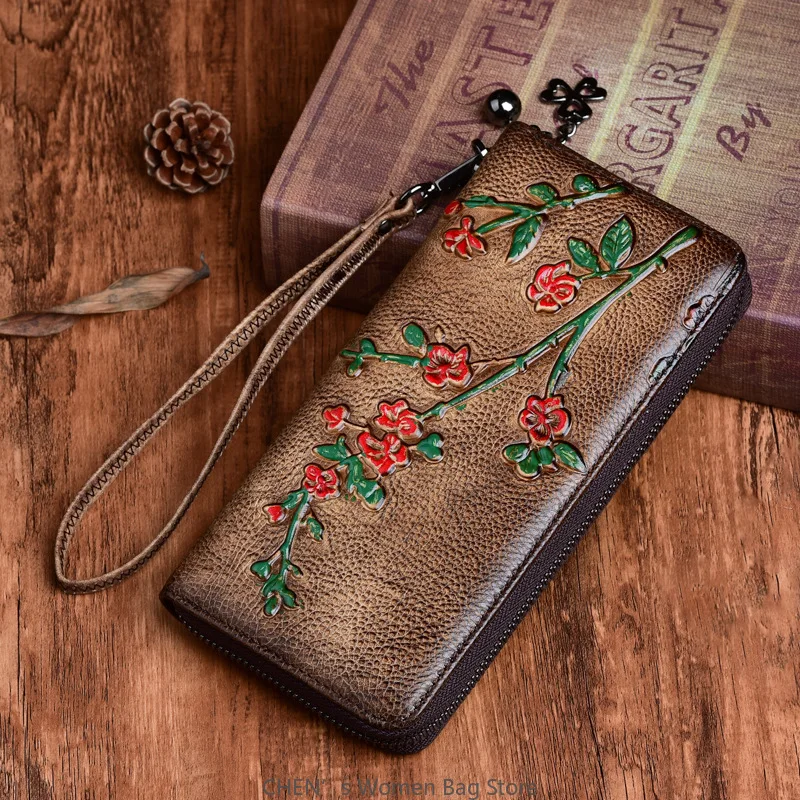 Vintage Women Wallets Embossed Long Zipper Wallet Ladies Purse Cards Holder Leather Woman Hand Rub Clutch Bags Genuine Leather