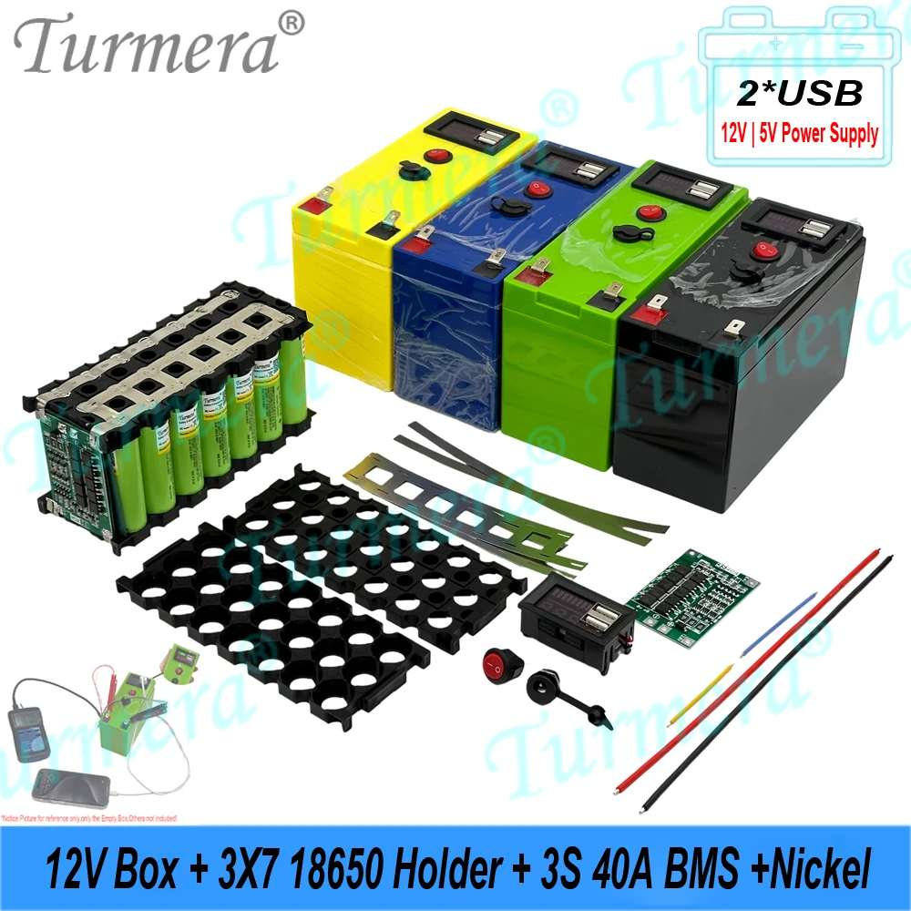 Turmera DIY 12V Battery Box with 3x7 18650 Holder 40A BMS Voltage Capacity Displayer Dual-Channel 2*USB 5V Power Bank Controllab