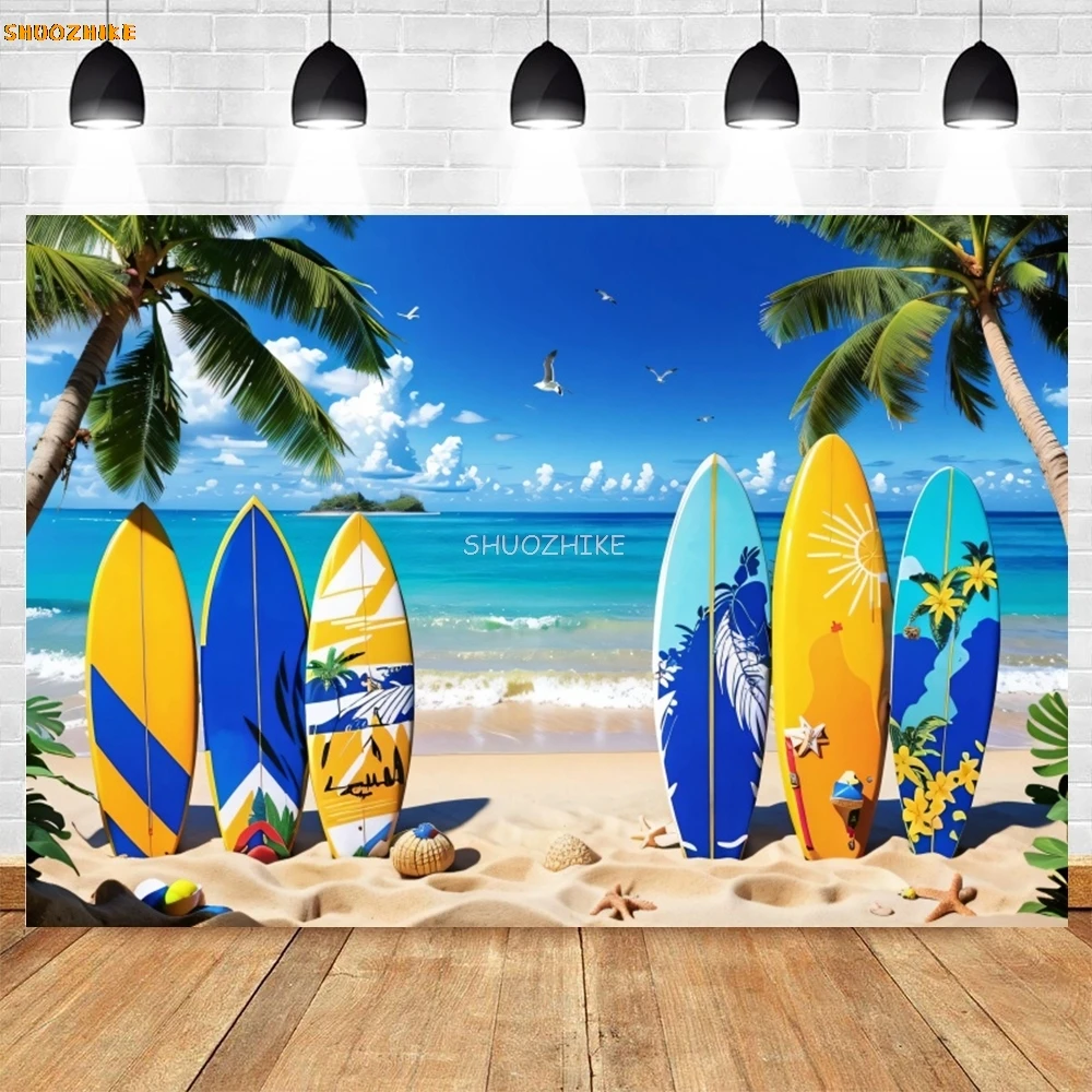 Verão havaí pano de fundo praia tropical prancha havaiana oceano beira-mar palmeira luau aloha festa de férias fotografia fundo