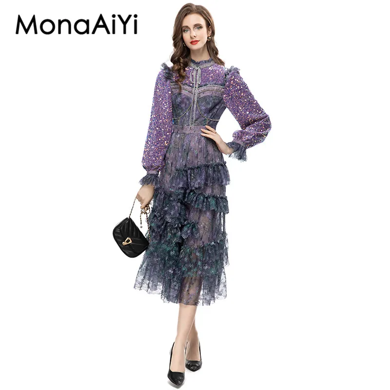 

MonaAiYi Autumn Polyester Temperament Commuter Mesh Sequin Print Asymmetrical Ruffles Slim Long Sleeve Purple Lolita Style Dress