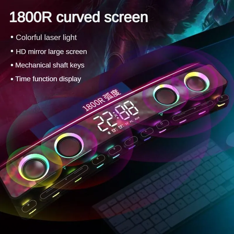 

SH39 Computer Sound Bar with Clock RGB Light Home Wireless BT5.0 Gaming Speaker Support FM/TF Card USB Drive Aux Microphon Input