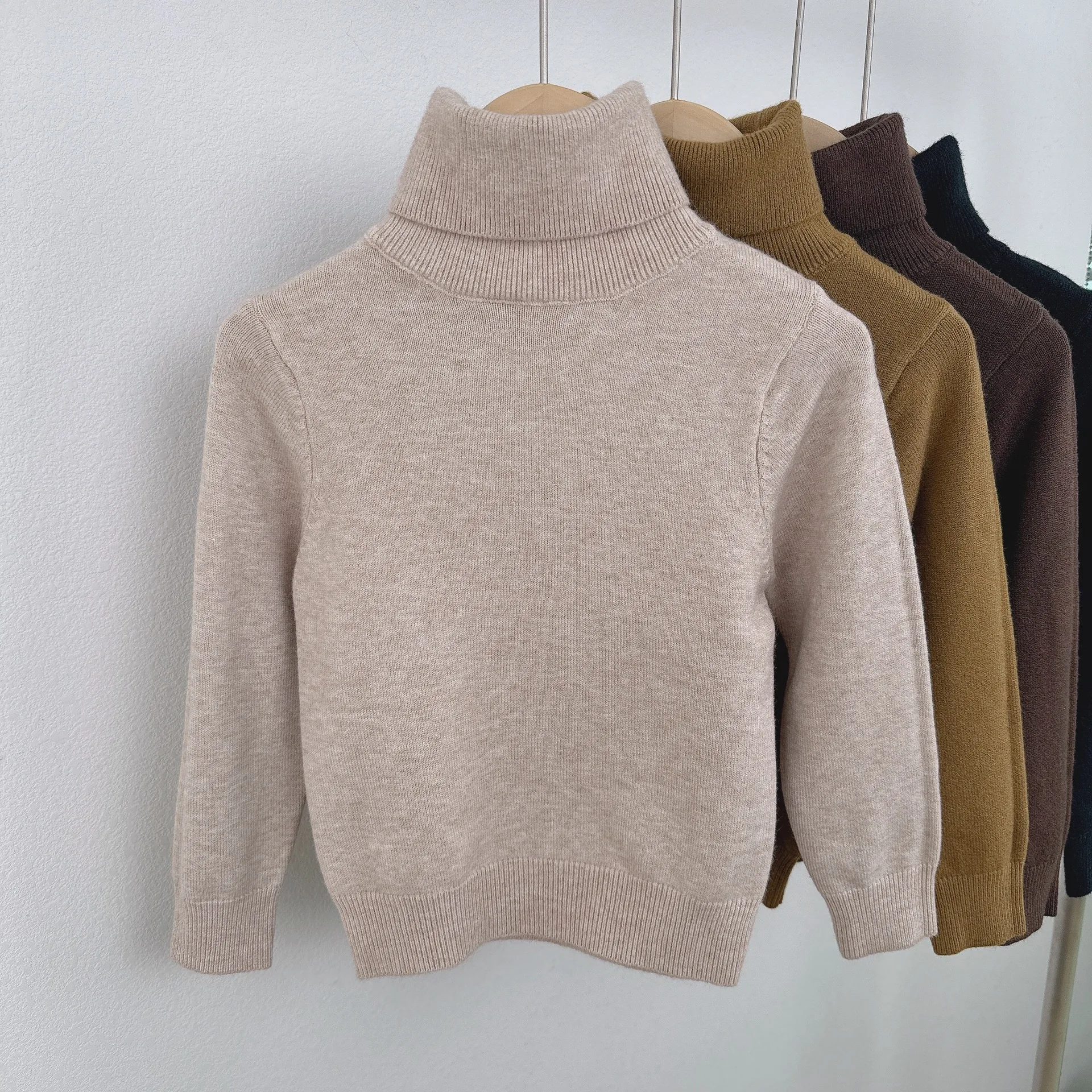 Autumn Winter Kids' Sweater Long-sleeve High-neck Pullover Wool Boys Girls Solid Color Children's Sweater Versatile Basic Knit