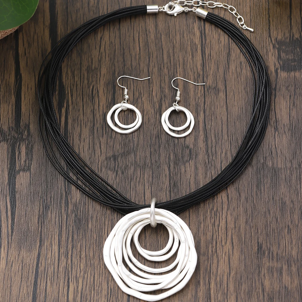 MeiceM Jewelry Set Zinc Alloy Geometric Circular Hollow Design Necklace And Earrings Temperament All Match Jewelry Set For Women