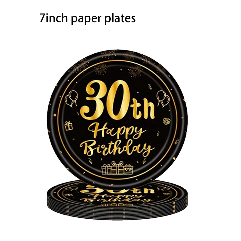 8/40pcs 7inch and 9inch Black and Gold Happy Birthday Disposable Paper Plates Birthday Party Decor Supplies Dessert/Salad Plates