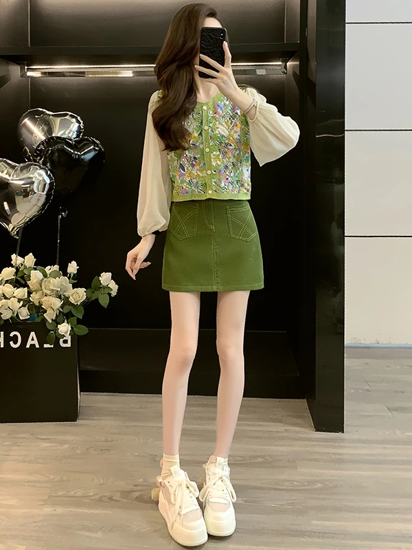 

Green Fashionable Two-Piece Set Women's Spring New Design Sense Stylish Top Denim Skirt Cute Simple Style Long Sleeve