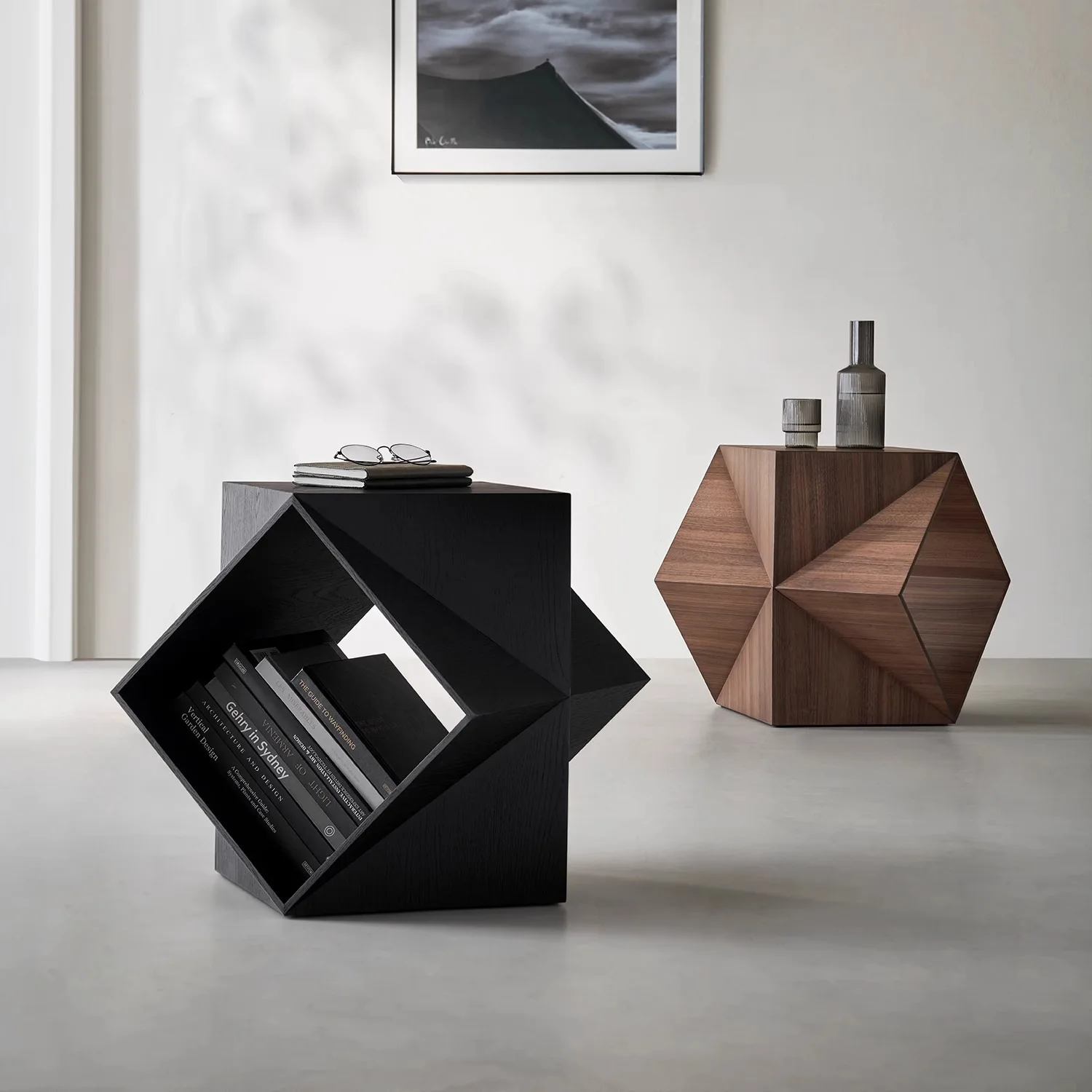 A few polyhedral corners on the side of the sofa, a mobile coffee table
