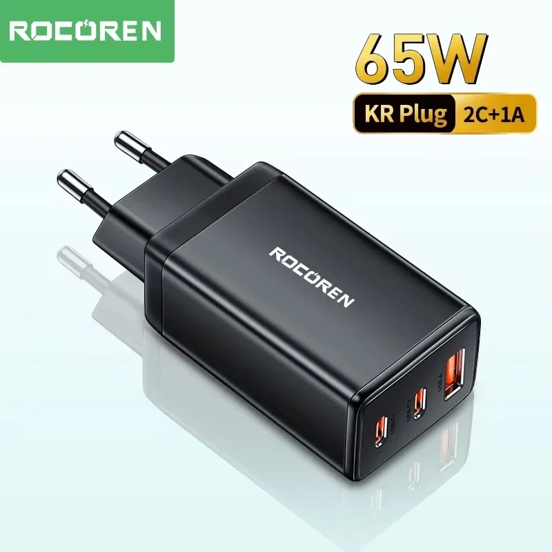 Rocoren 65W GaN USB Type C Charger QC PD 3.0 USBC Fast Charging USB Charger For iPhone 16 Pro Xiaomi Samsung Portable KR Plug