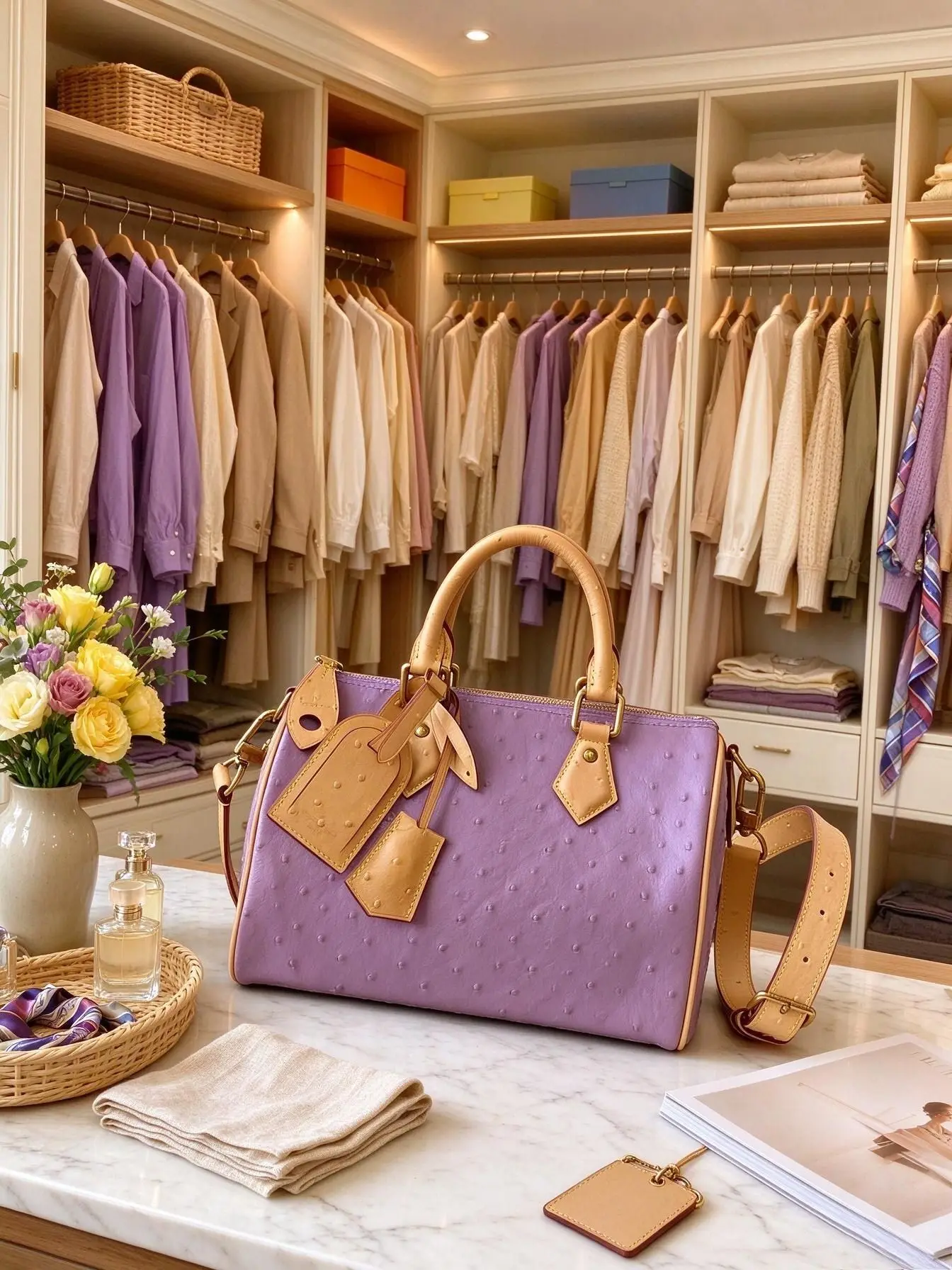 Luxury Lavender Ostrich‑embossed Ladies Boston Bag Contrast Leather Trim Top‑handle Multi‑tag Pendant Adjustable Wide‑strap Crossbody Bag