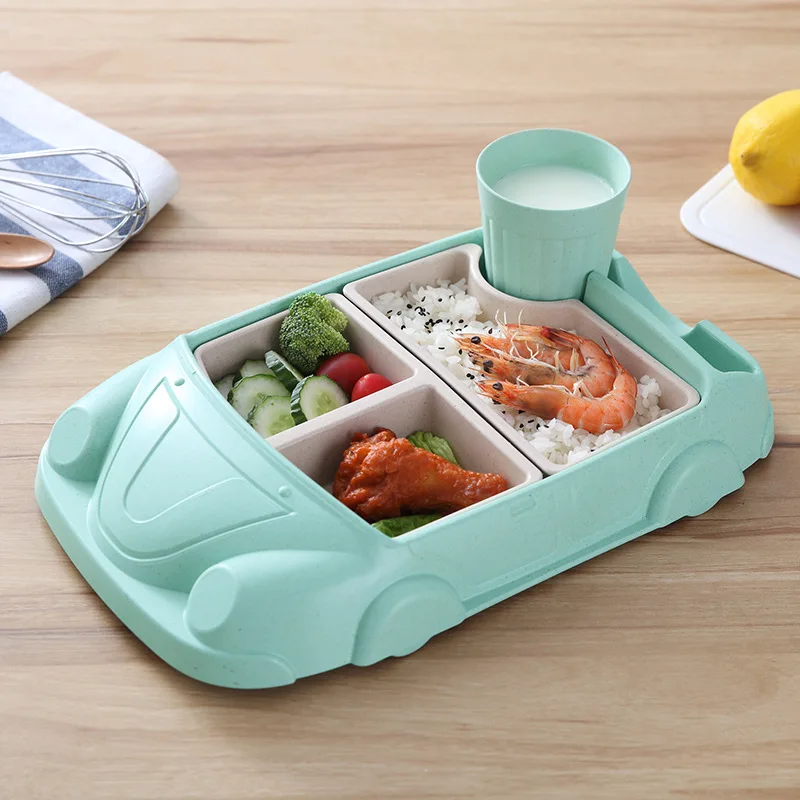 Bamboo Fiber Kids Divided Plate Set, BPA-Free Cartoon Dinnerware with Suction Base  Lightweight Unbreakable Toddler Dish