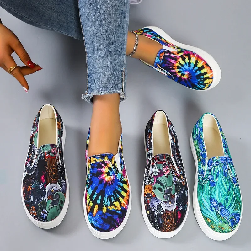 Women Loafers Graffiti Flat Shoes Women\'s Summer Vulcanized Shoes Casual Walking Shoe Slip on Canvas Moccasins Loafers for Woman