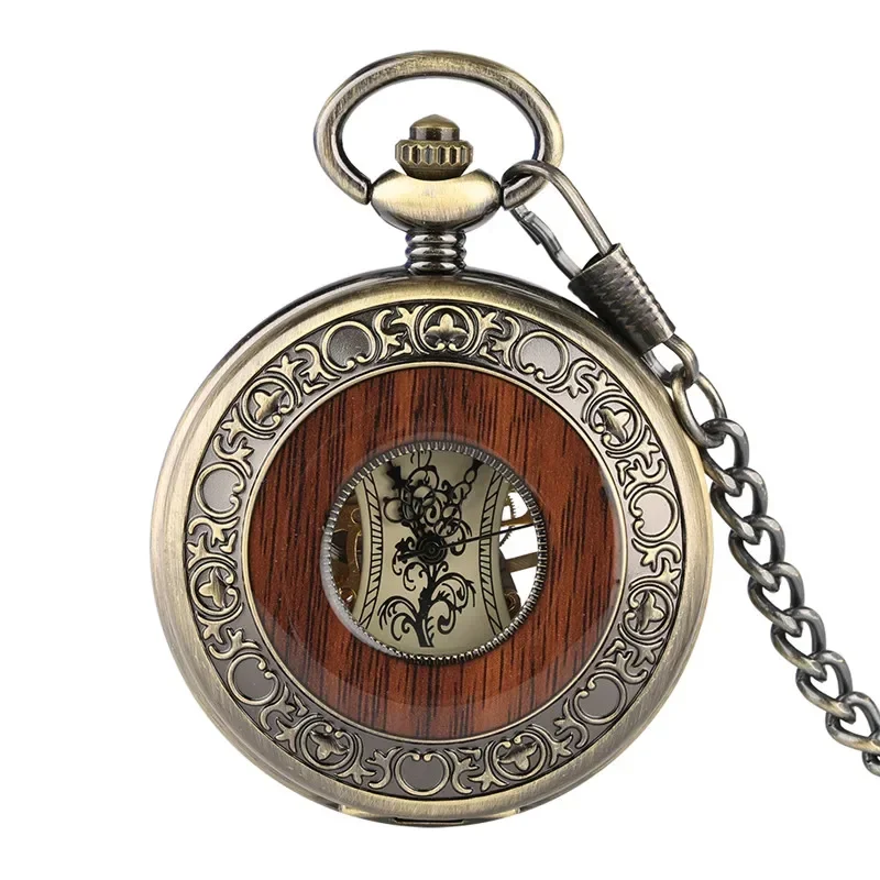 Vintage Wood Case Mechanical Pocket Watch Roman Numerals Carving Flower Dial Handwinding Clock Pendant Chain Women Men Gifts