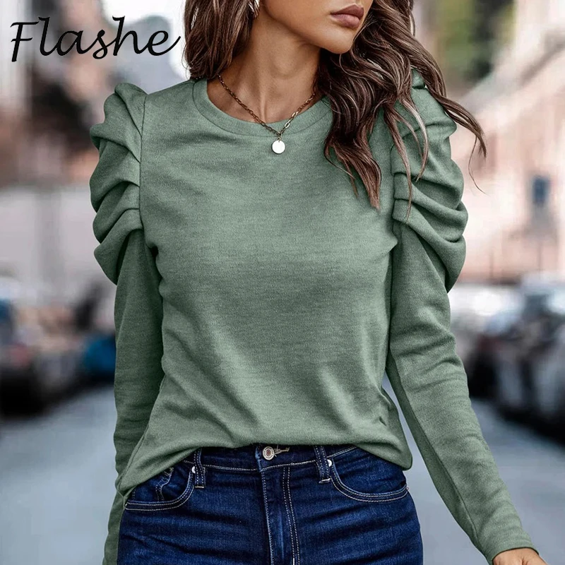 Women Autumn Long Sleeve T-Shirts O Neck Ruff Sleeve Solid Office Tops Female Casual Loose Shirts For Women Casual Tee