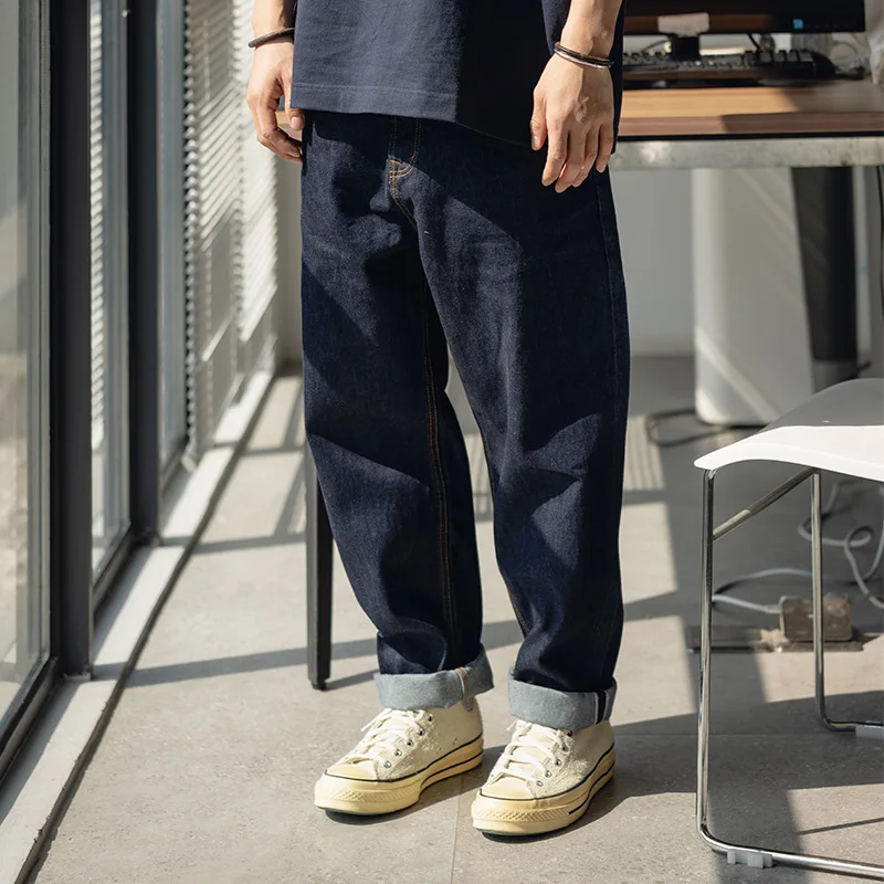 

Японские джинсы из денима Red Selvedge 14 унций для мужчин, американские ретро-джинсы с глубокой посадкой, широкими штанинами, слегка зауженные, свободного кроя, унисекс