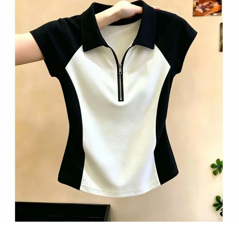 Zipper Contrast Patchwork Plus Size Trend Tops Summer Short Sleeve Neck High Street T Shirts Korean Fashion Women Clothing