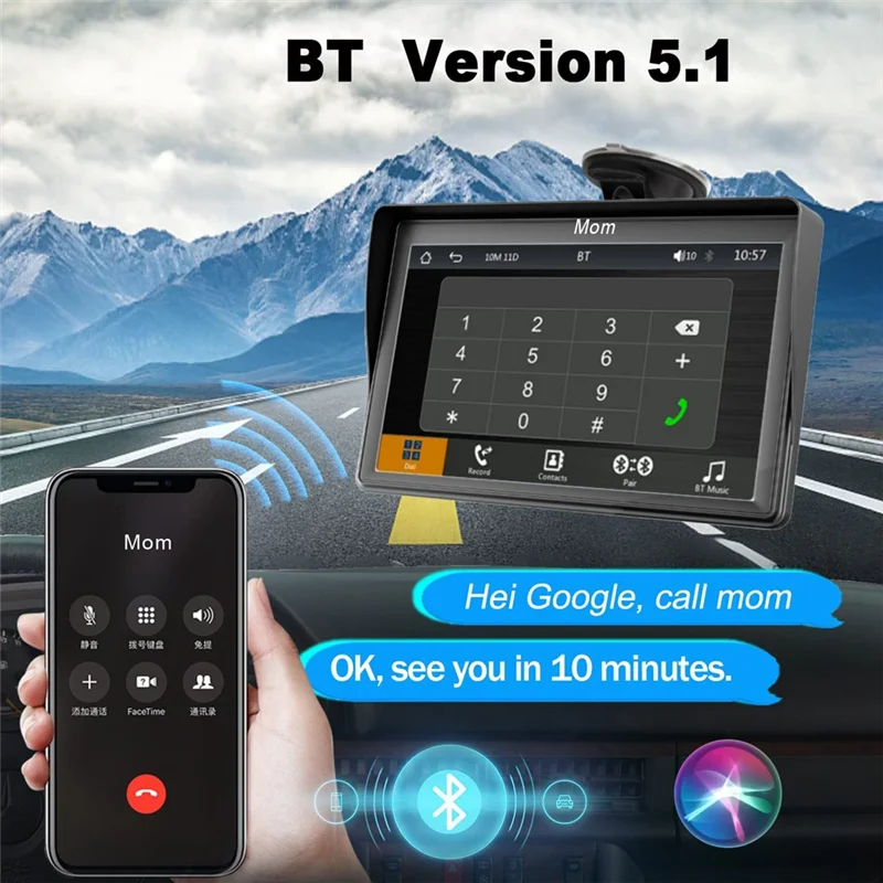 Portable Dash Mount Carplay Display 7In Touch Screen, GPS Navigatin,Bluetooth Car Stereo Radio, Backup Camera, FM Radio