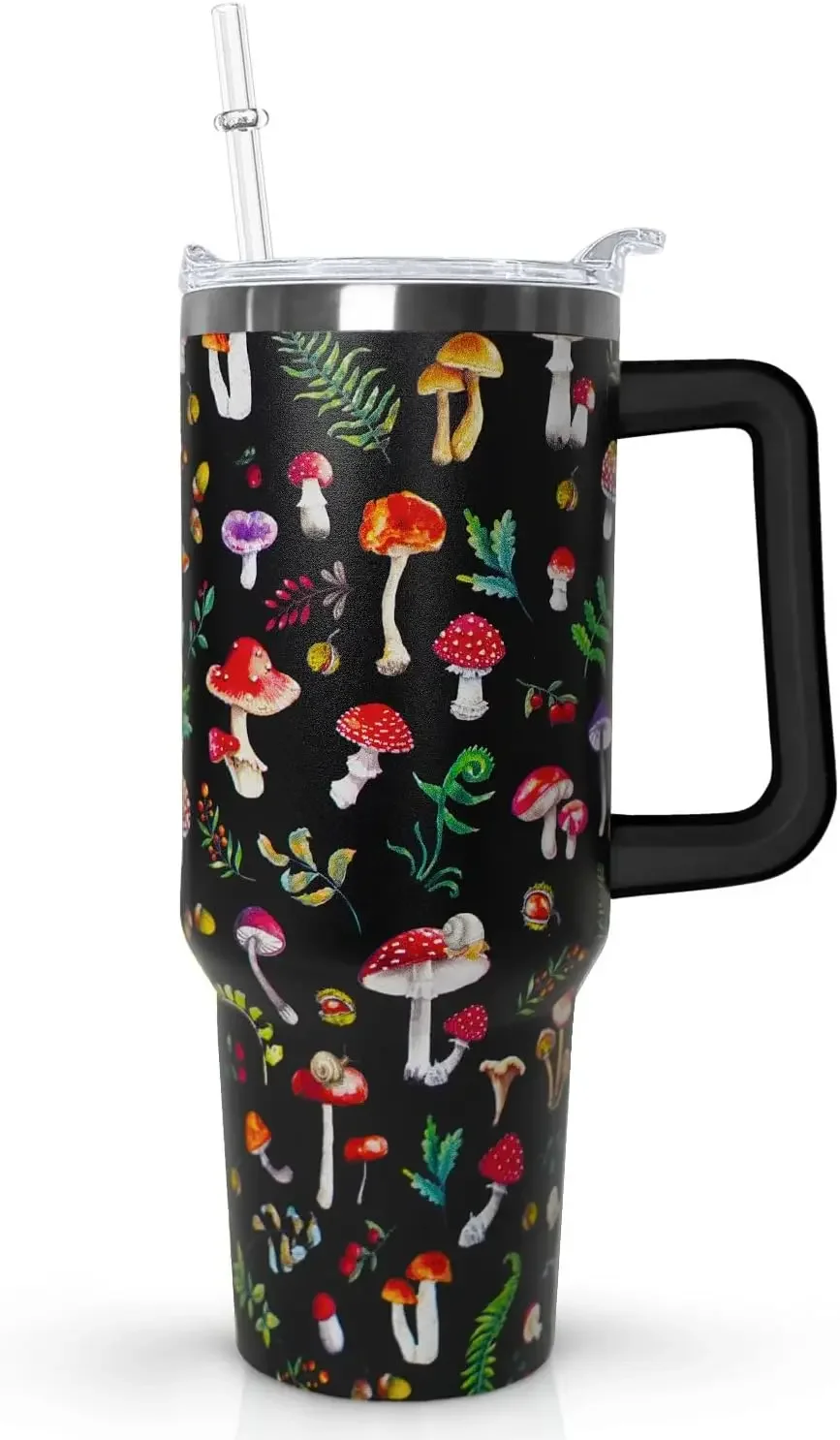 

40 Oz Mushroom Tumbler With Handle,Mushroom Coffee Travel Mug Cup Water Bottle,Mushroom Decor,Mushroom Gifts for Women