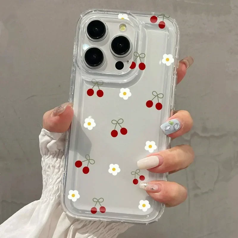 Cute Cherry & Daisy Phone Case For iPhone 16 15 14 13 12 11 Pro Max X XR 7 8 Plus Transparent Silicone Shockproof Case Cover