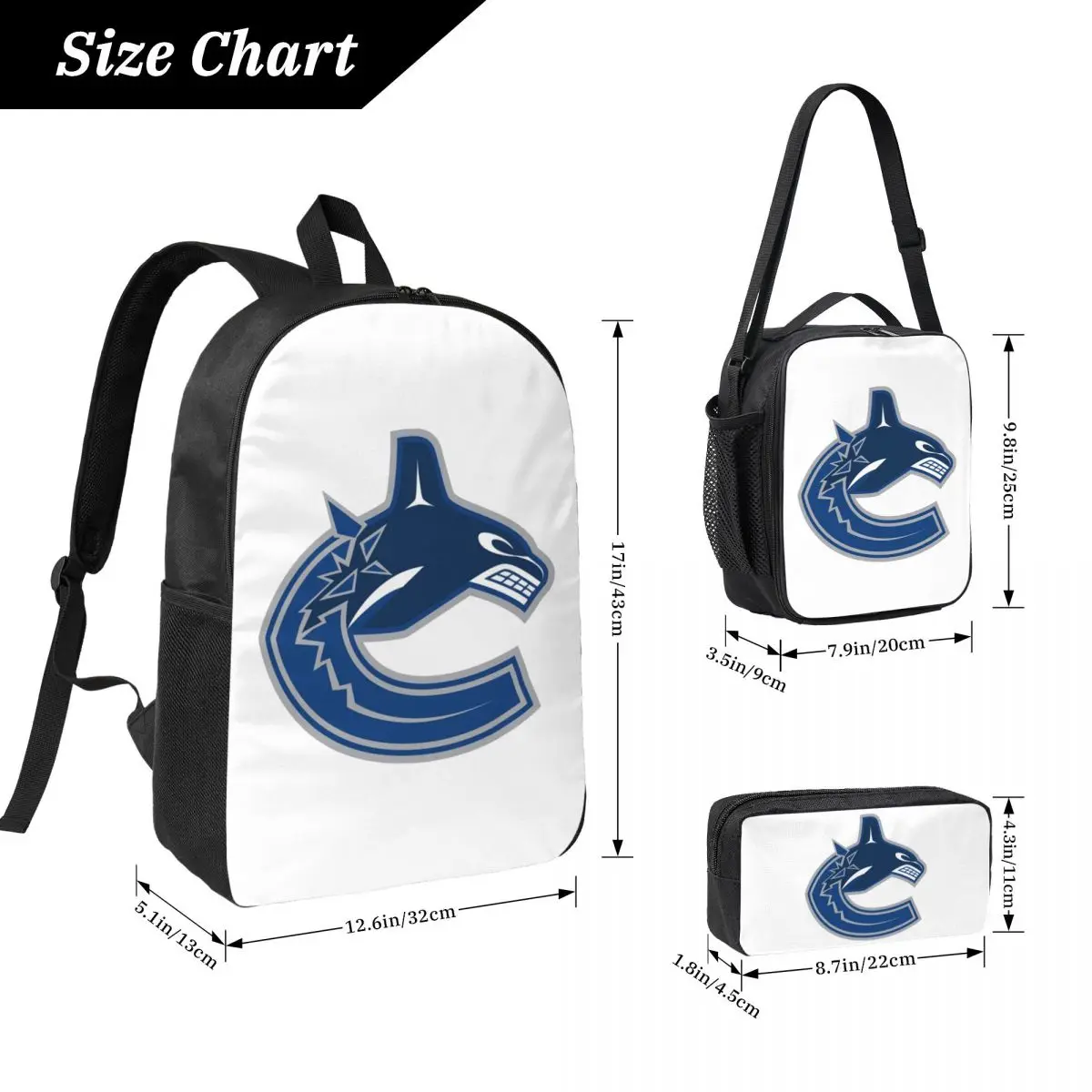 Eel Hockey Vancouver Canucks Merch BackpackBookBag School Bag Laptop Shoulder Bags 3ps Insulated Lunch Bag Pencil Case