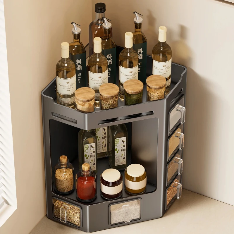

Multifunctional Corner Kitchen Shelf Wall Mounted Spice Rack Storage Heavy Duty Carbon Steel Stand for Cooking Utensils